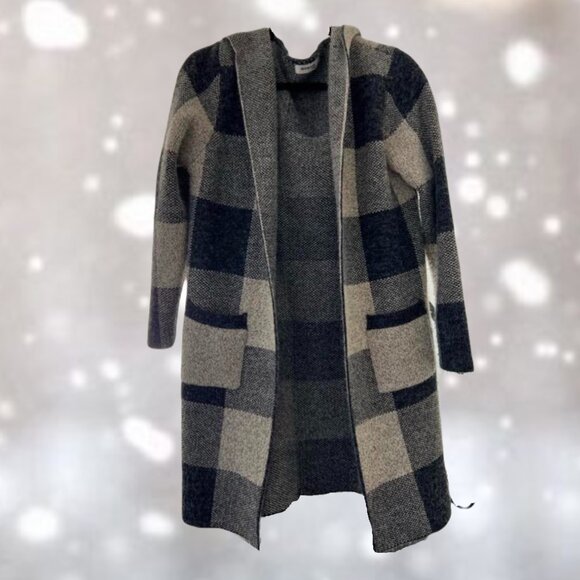 Cozy Monteau Black & White Plaid Hooded Long Sweater Cardigan Jacket - Picture 2 of 5